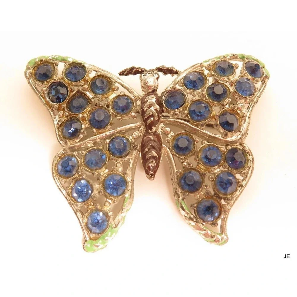 Vintage Art Deco Potmetal‎ Silver Toned Dark Blue Rhinestone Butterfly Pin *A667